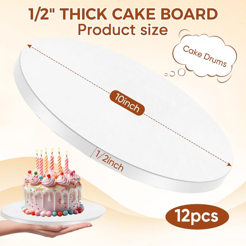 12 Pcs 10 Inch White Cake Drums, 10 Inch Round,1/2 Thick Cardboard, Sturdy Ci... gallery