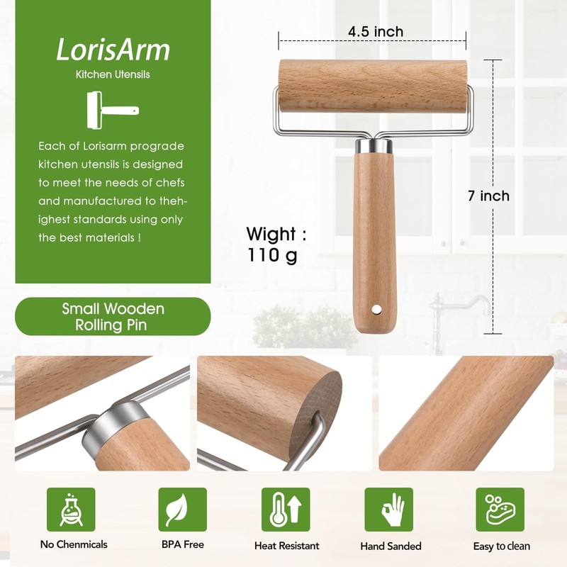 Small Rolling Pin with Handle, Wooden Dough Pastry Roller, Non-Stick Pizza gallery
