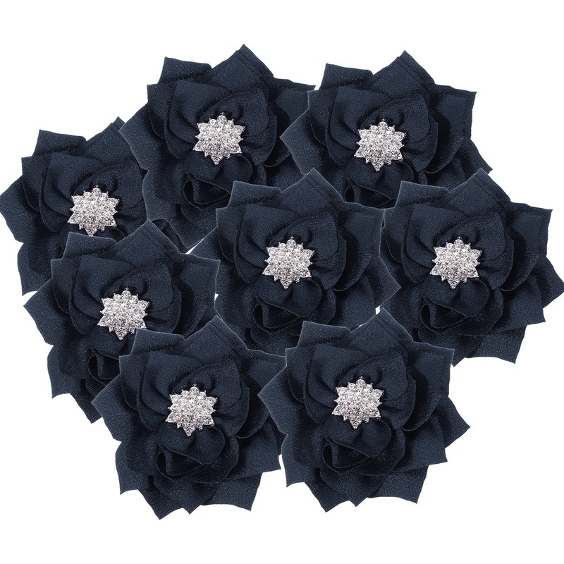 3 Inch 10 Pcs Rhinestone Pearl Chiffon Flower, Dark Blue