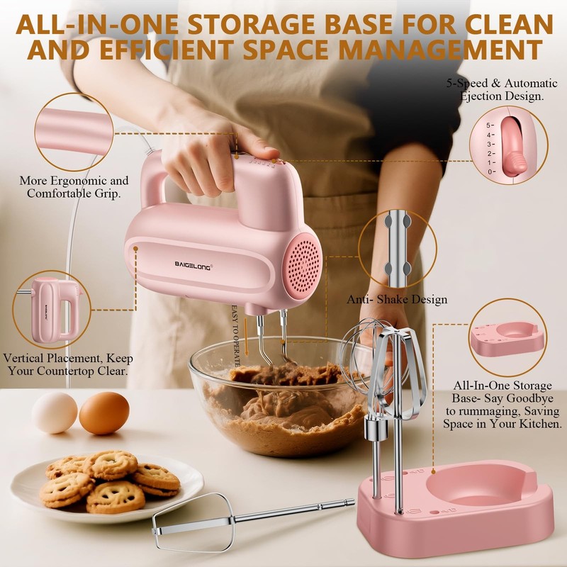 Hand Electric Mixer, 5-Speed KitchenMixer with 5 * 304 Stainless Steel Attach... gallery