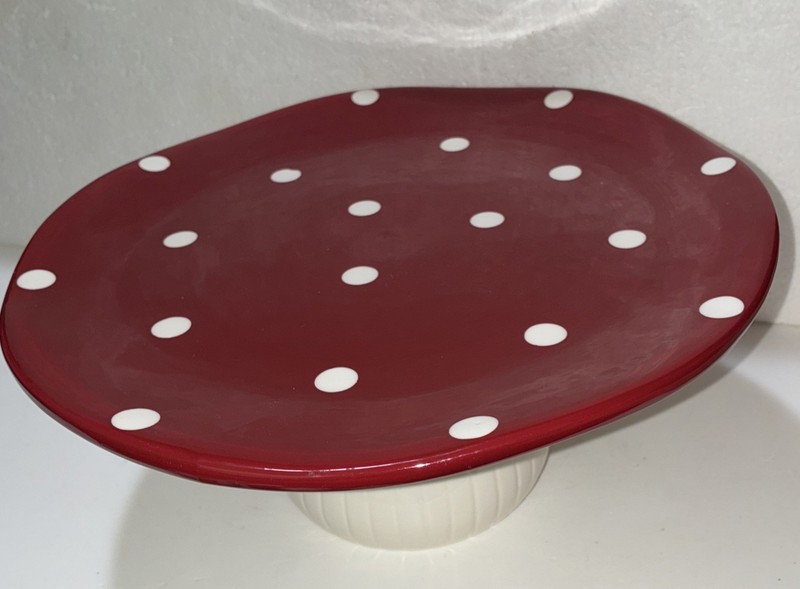 Ceramic Pedestal Mushroom Tray / Cake Stand Red Top With White PolkaDots 11” gallery