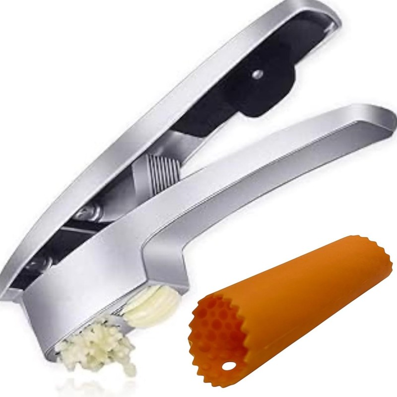 Garlic Press and Slicer 2 in 1 with Built-In Cleaner Standard, Silver