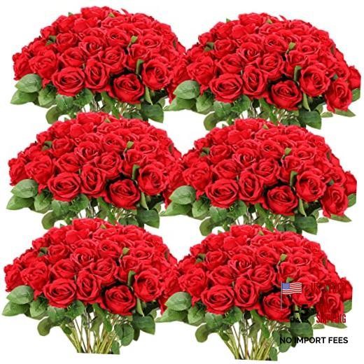 50 Pcs Artificial Rose Flower Bulk Realistic Silk Fake Roses with Long Red