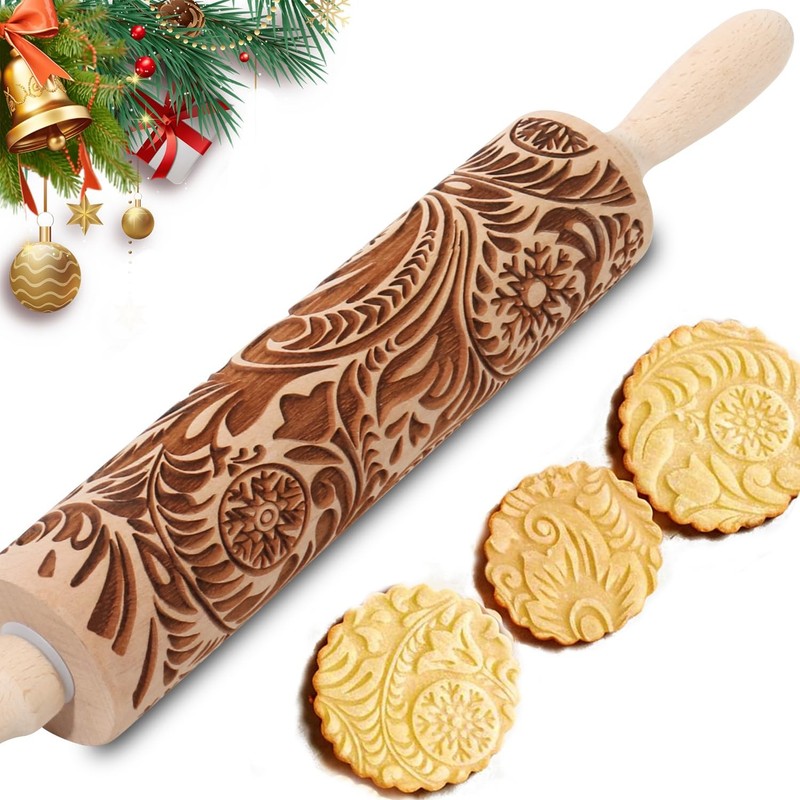 Embossed Rolling Pin for Baking Cookies Christmas Embossing 2"x2"x15", Flower