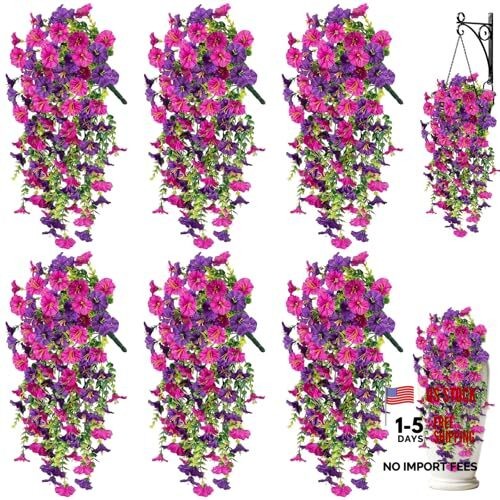 Artificial Flower for Outdoors, 6PCS Fake Artificial Morning Glory Purple + Red