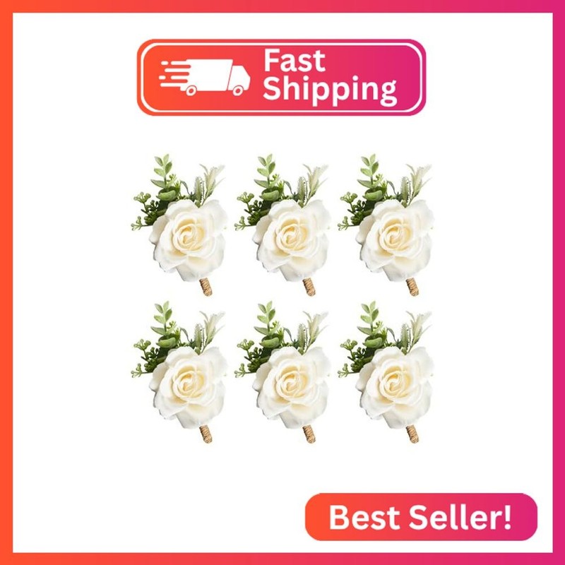Gvhntk Ivory Rose Boutonniere for Men Wedding Set of 6 Groom Groomsmen Best Man