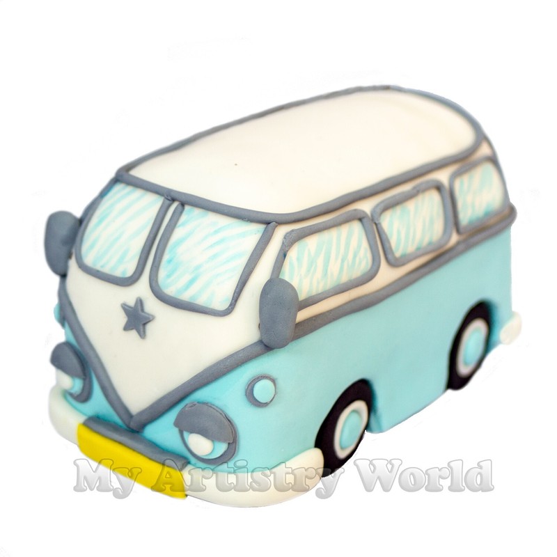 Edible 3D fondant/gum paste VW camper van, hippie bus cake topper.