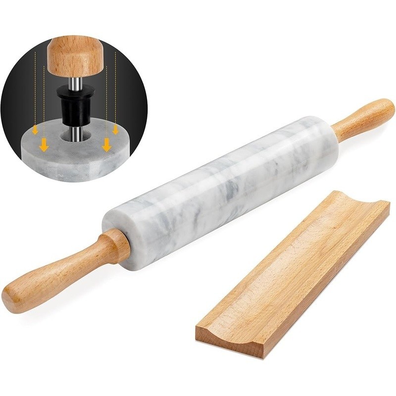 Durable Marble Rolling Pin W/ Wooden Cradle Non Stick Surface Ergonomic Handles gallery