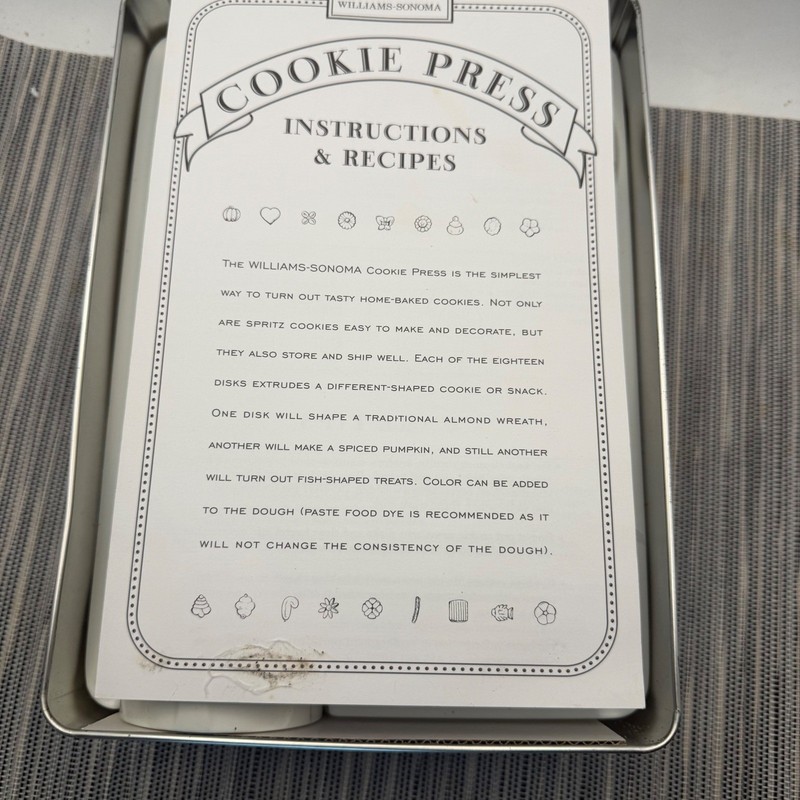 Williams-Sonoma Cookie Press Kuhn Rikon Stainless Steel 18 Disks Recipes Tin gallery