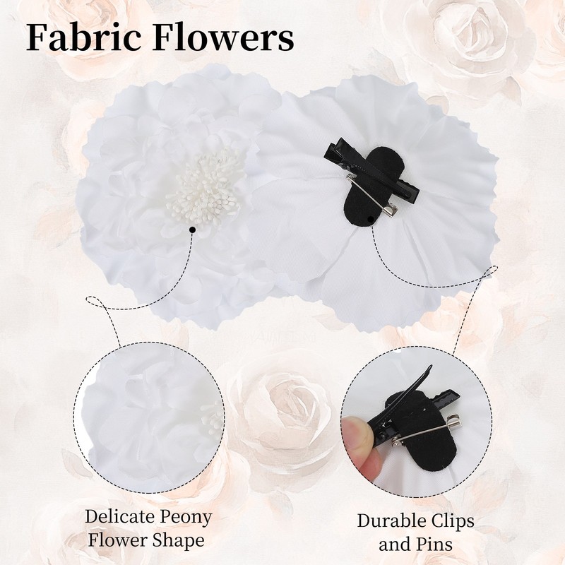 3Pcs Peony Flower Hair Clips 4.7" White Fabric gallery