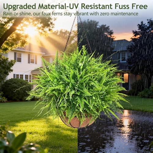 Artificial Hanging Ferns for Outdoors, UV Resistant Fake Mixed 2 Pack Green gallery