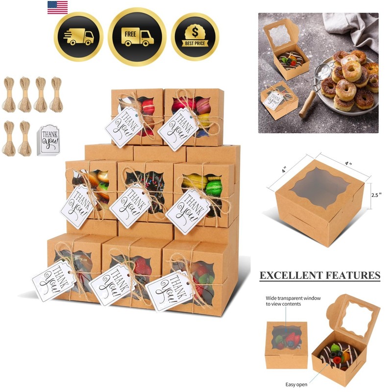 60 Pcs Brown Bakery Boxes with Window Individual Cupcake Boxes 4x4x2.5 Inches…