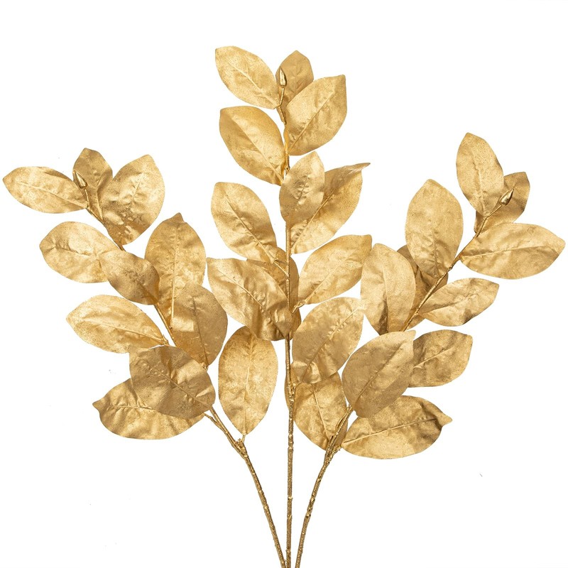 Briful Gold Magnolia Leaves Branches, 3 Pack 28.7in Faux Magnolia Leaves Stems A