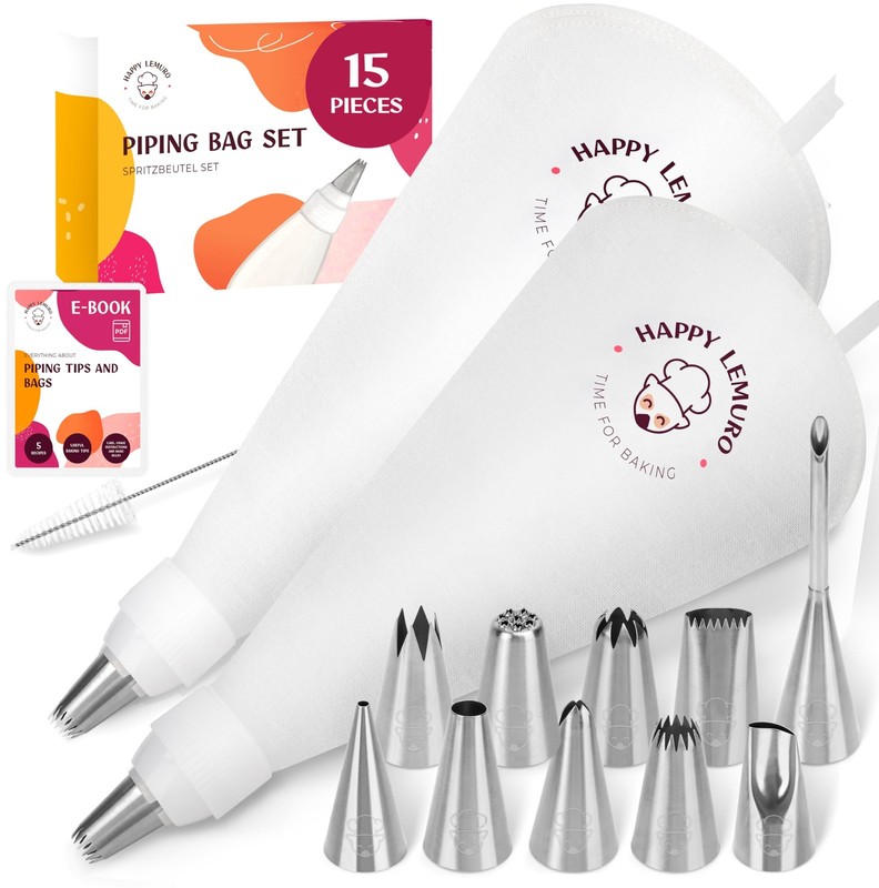 Cake Decorating Kit – Reusable 16″ & 14″ Cotton Piping Bags with 10 Large Sta…