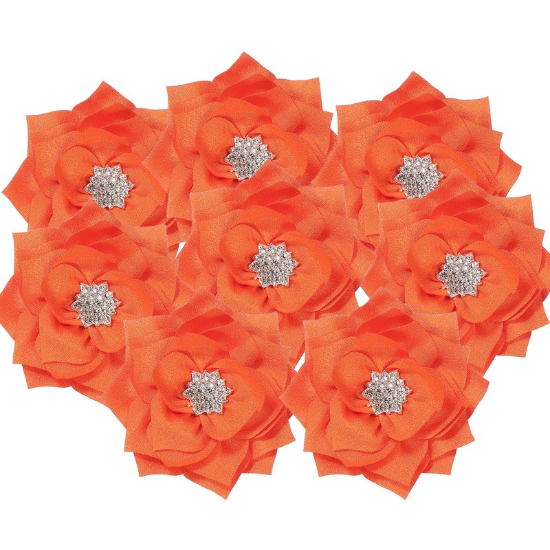 3 Inch 10 Pcs Rhinestone Pearl Chiffon Flower, Orange