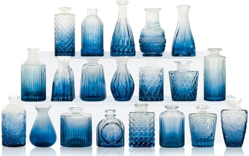 20Pcs Small Glass Bud Vase Set – Mini Blue – Bulk – Small for Flowers