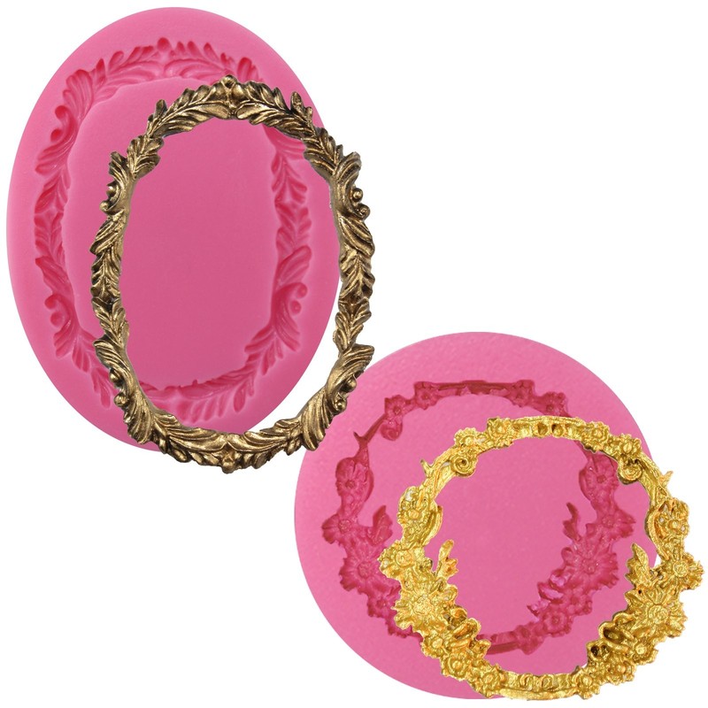Round and Oval Floral Acanthus Picture Frame Fondant Silicone Mold for Sugarc…