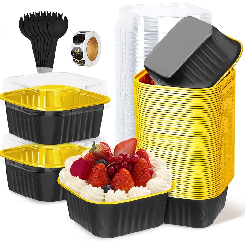 30 PCS Black Gold 5oz Aluminum Foil Mini Cake Pans Tins Lids Spoons