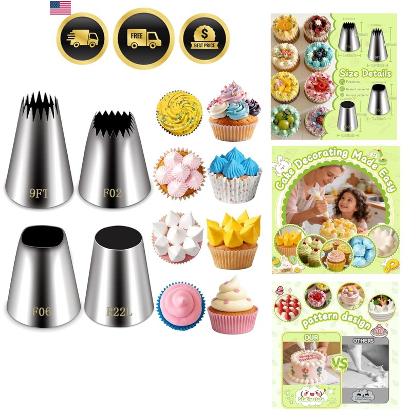 4 Pieces Extra Large Piping Tips Set F02 F06 9FT R22L | Stainless Steel, Roun…