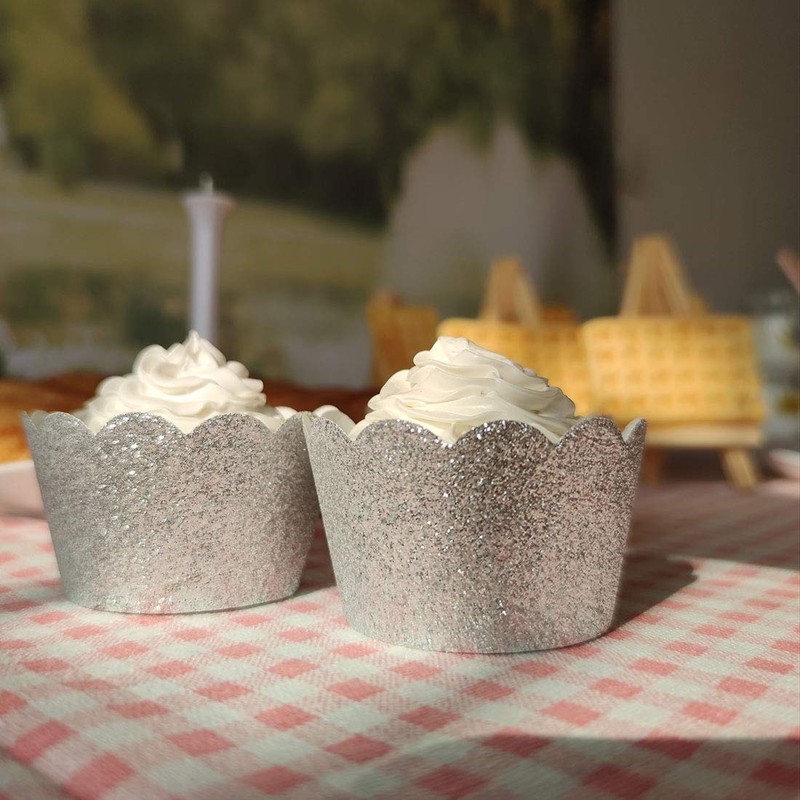 Silver Glitter Scalloped Cupcake Wrappers Wedding Birthday Cake 24 Pack gallery