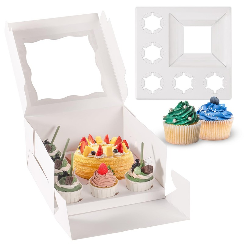 8 Packs 1+5 Cupcake Box Combo with Clear Window,1 small Cake and 5 Cupcakes B…