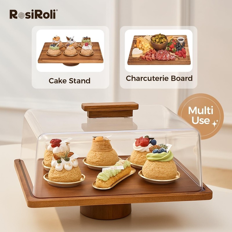 Acacia Wood Cake Stand with Lid –2-in-1 Rectangular Charcuterie Board & Dessert gallery