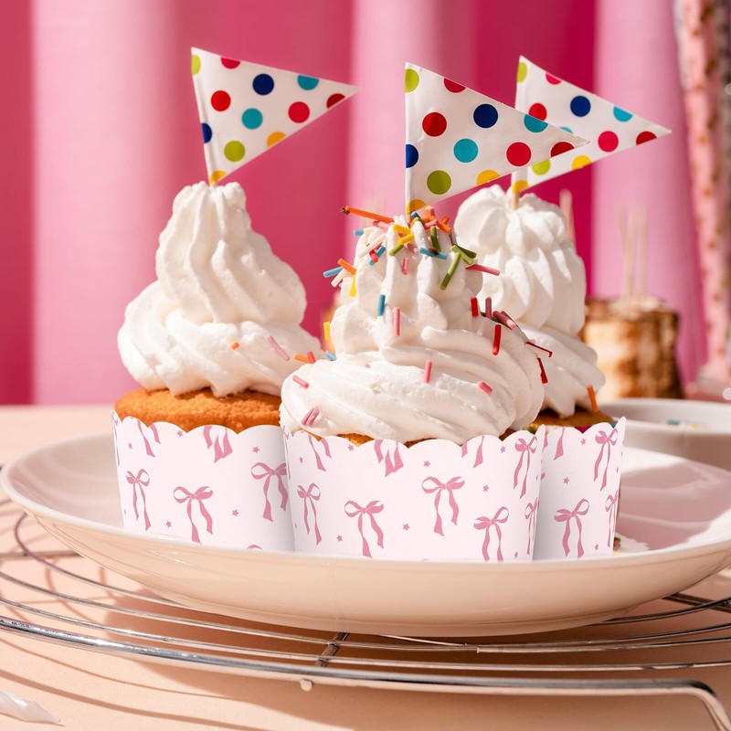 100Pcs Pink Bow Paper Baking Cups Bowknot Cupcake Wrappers Pink Ribbon Bow Sc... gallery