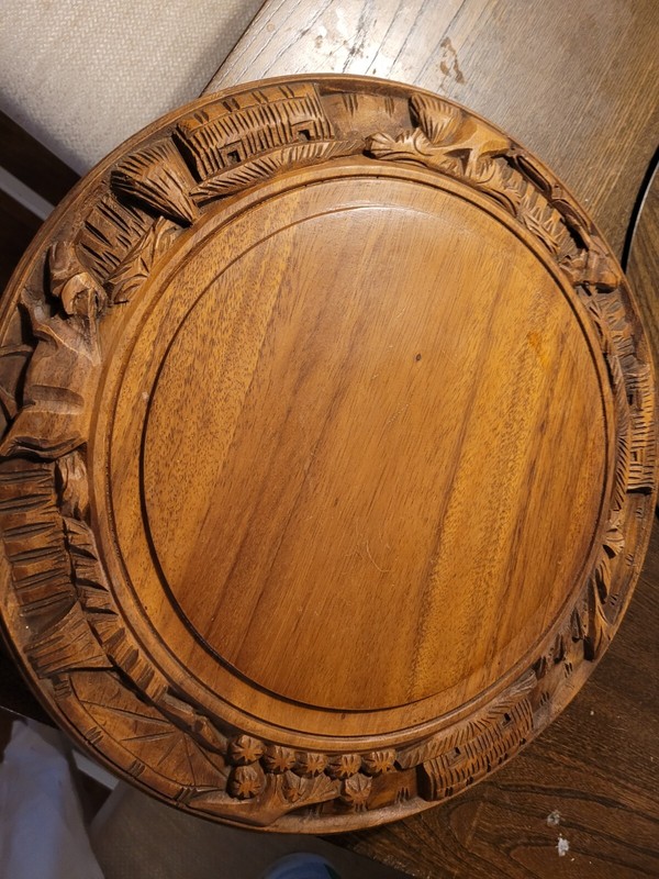 vintage wooden cake stand, hand carved with lazy susan, small Crack on lid