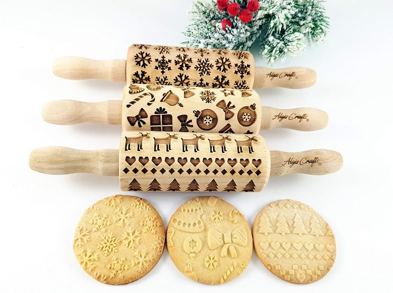 CHRISTMAS 3 Mini Embossed Rolling Pin Set Wooden Laser Engraved Textured gallery