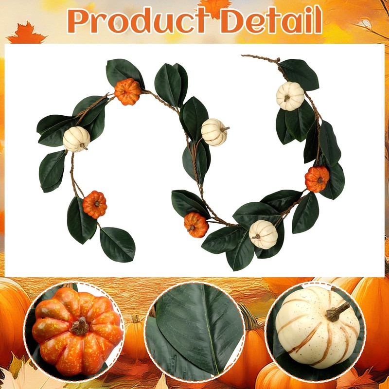 2 Pcs 6ft Thanksgiving Decor Fall Garland with Pumpkins Artificial Mixed Magnoli gallery