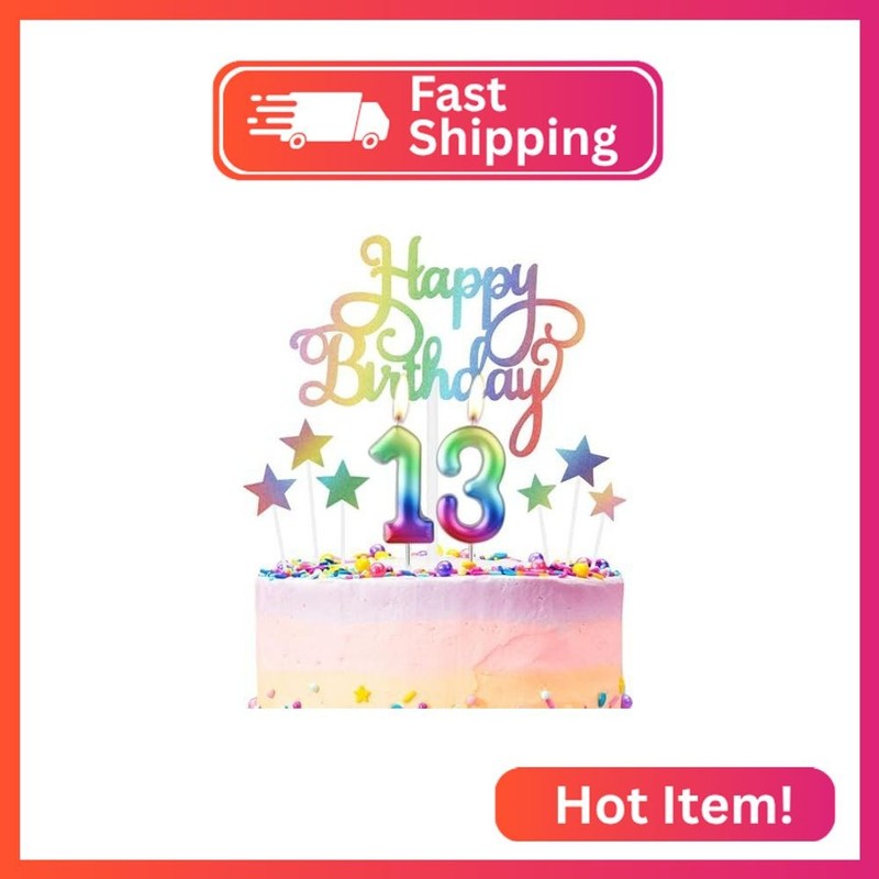 Rainbow Number 13 Birthday Candle for Cake,Rainbow Birthday Candles Cake Toppers