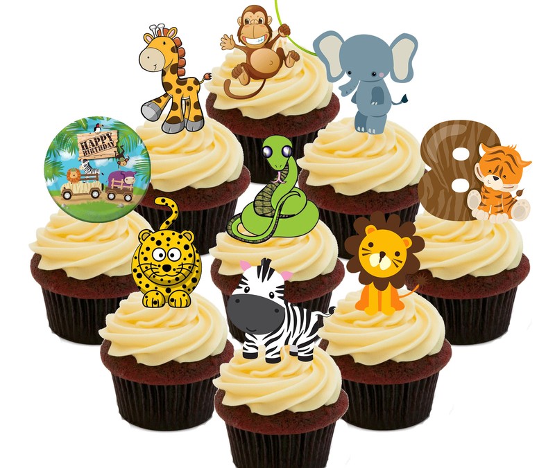 8th Birthday Jungle Zoo Animals Edible Cup Cake Toppers 36 Fairy Decorations Kid
