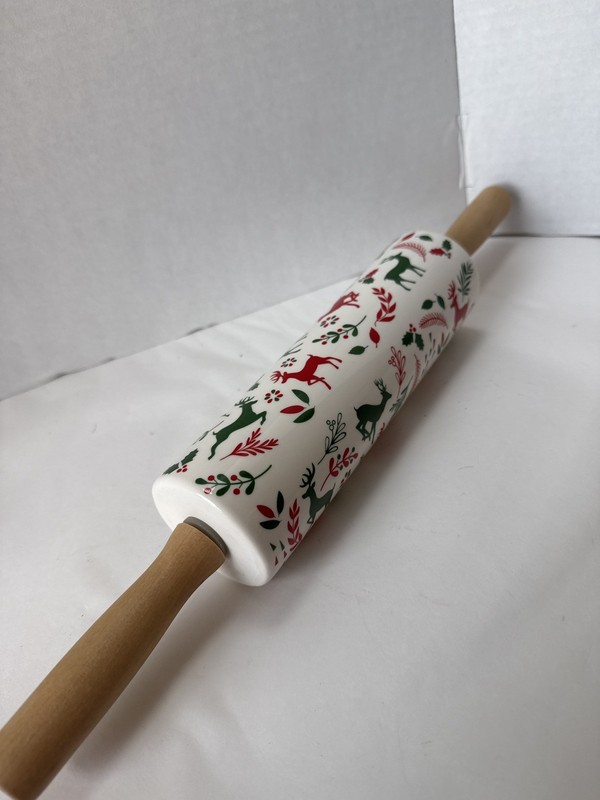 ULTRA RARE Christmas Reindeer Ceramic Rolling Pin Holiday Decor “Vintage Style” gallery