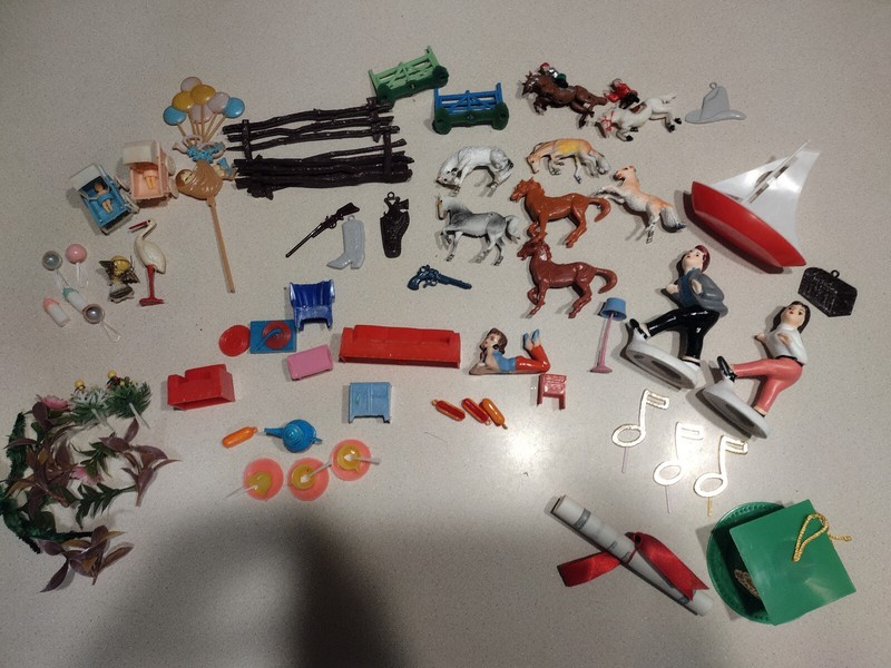 Large Vintage Lot of Cake Decorations, Charms, Doll House Items 50s/60s/70s