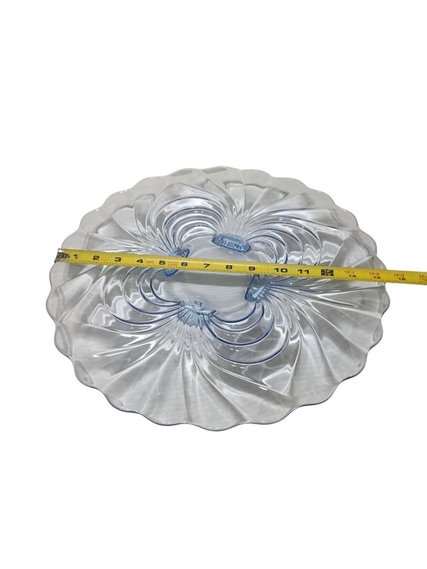 Vintage Light Blue Glass Cake Plate 14.5" Swirl Design Scalloped Edge Elegant gallery
