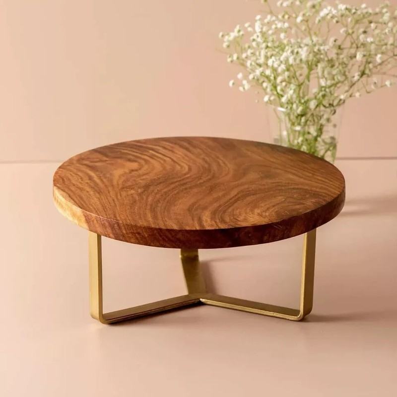 Wooden Cake Stand Dessert Platter Stand with Gold Cake Servers Set C5 gallery