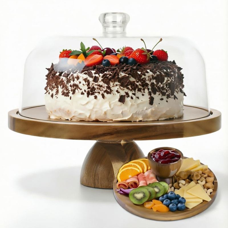 Acacia Wood Cake Stand with Lid, 12In Cake Stand with Acrylic Dome (Not Glass),