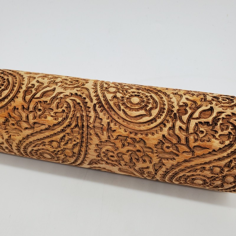 Wooden Rolling Pin Paisley Floral Engraved Embossing 14.5" gallery