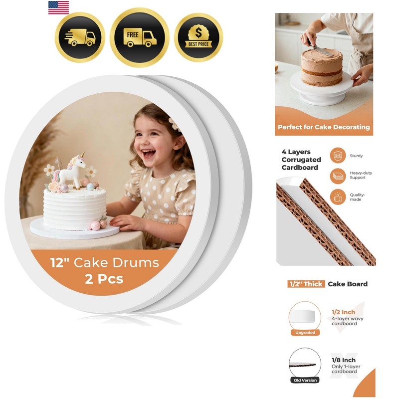 Cake Boards 12 Inch Round, 1/2 Inch Thick Cake Drum, Sturdy Corrugated Cardbo…