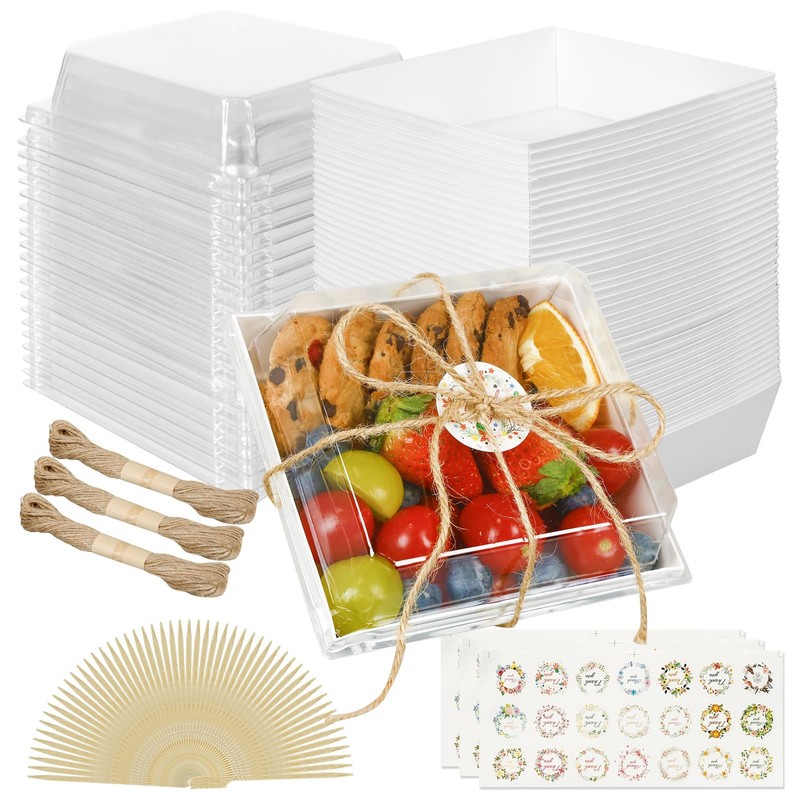 5 Inches Small Charcuterie Boxes with Clear Lids and Skewers, 50 Pack Disposa…