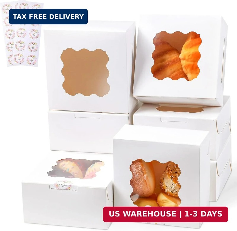 20 Pack Cookie Boxes with Window, 6x6x3 Inches White Bakery Boxes for Treats, Pa