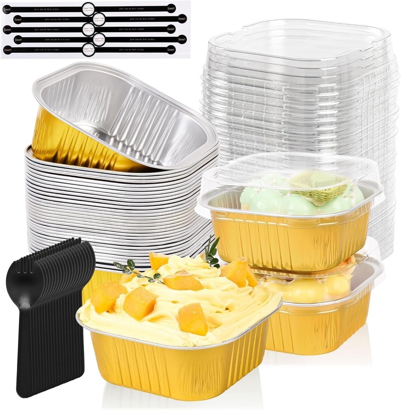 100 Pcs Mini Cake Pans W/ Lids 5oz Square Aluminum Foil Brownie Baking Cups