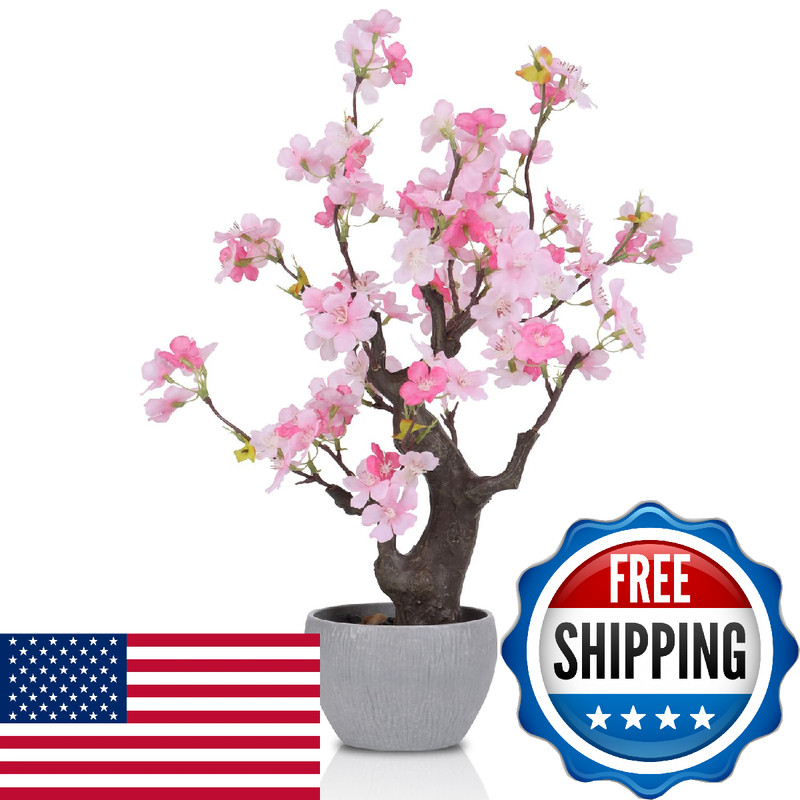 Toarti Artificial Pink Cherry Blossom Potted Plant Stone Pot 18 Tall Fake