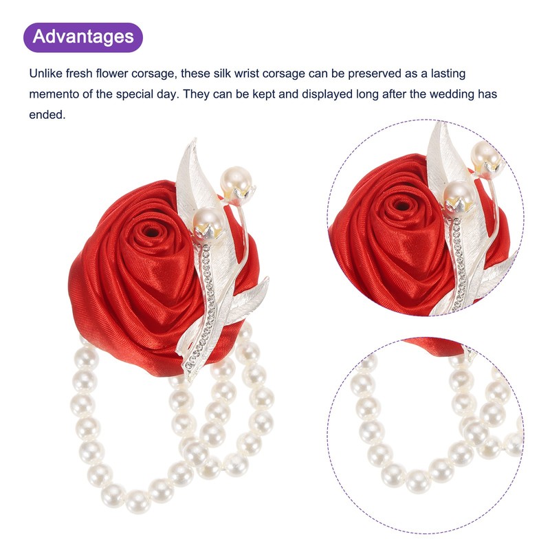 4 Piece Artificial Flowers Bracelet for Wrist Corsage, 2.4 x 2.8 Inches Red gallery