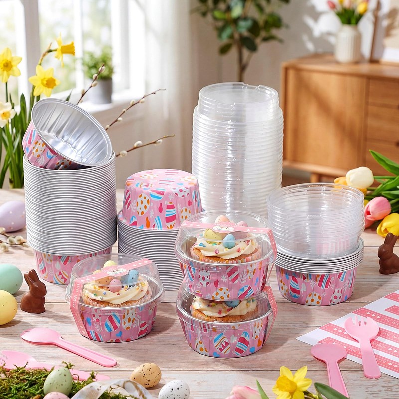 50 Pcs Easter Eggs Mini Loaf Pans with Lids Spoons Sticker 5oz Disposable Cak... gallery