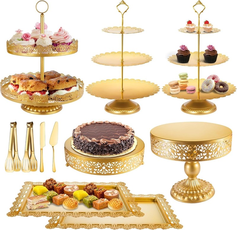 Sturdy Gold Tiered Cake Stand Set with Lace Design - 11 Pieces gallery