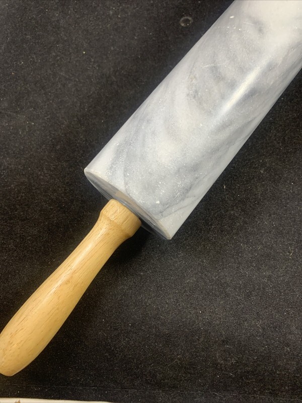 SOLID MARBLE Baking Rolling Pin w/WOODEN HANDLES + Wood Stand: 18" Long & 4½lbs. gallery