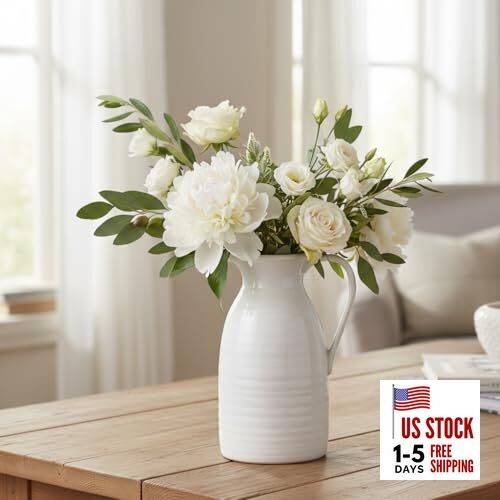 Farmhouse Pitcher Vase for Flowers- Ceramic Pitcher White White - Pitcher Vase