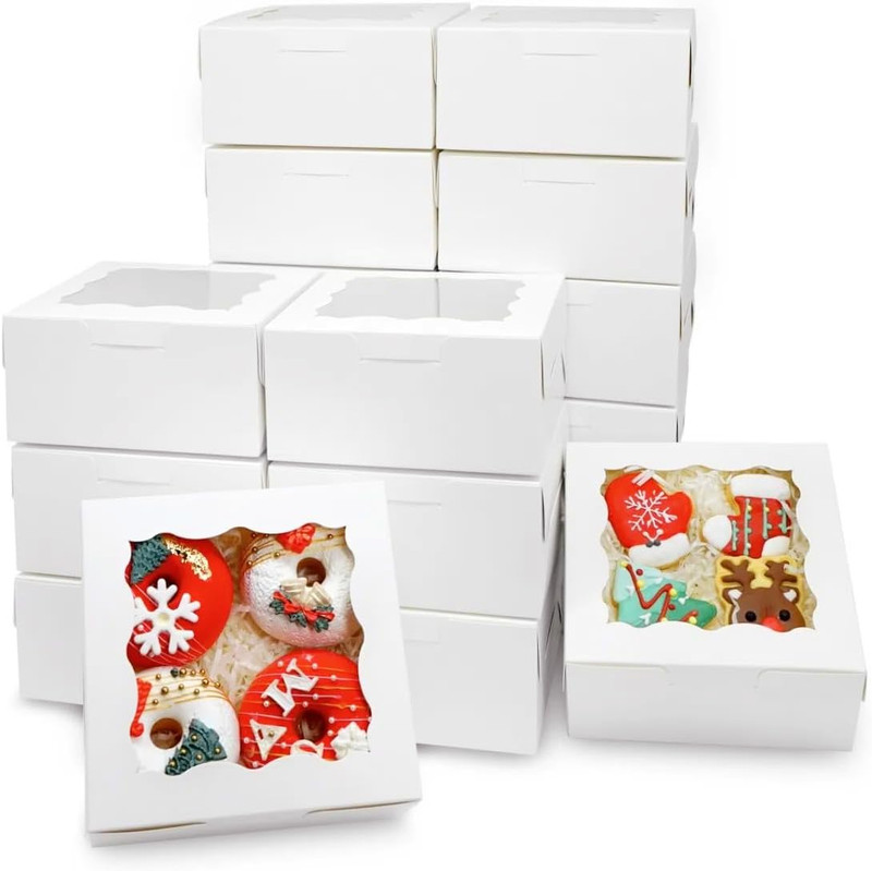 Paquete 50 cajas galletas de 6 x 6 x 3 pulgadas cajas para panadería con ventana