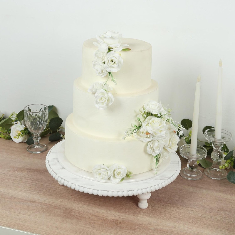 16″ Antique White Beaded Wooden Cake Stand – Rustic Farmhouse Pedestal Riser for
